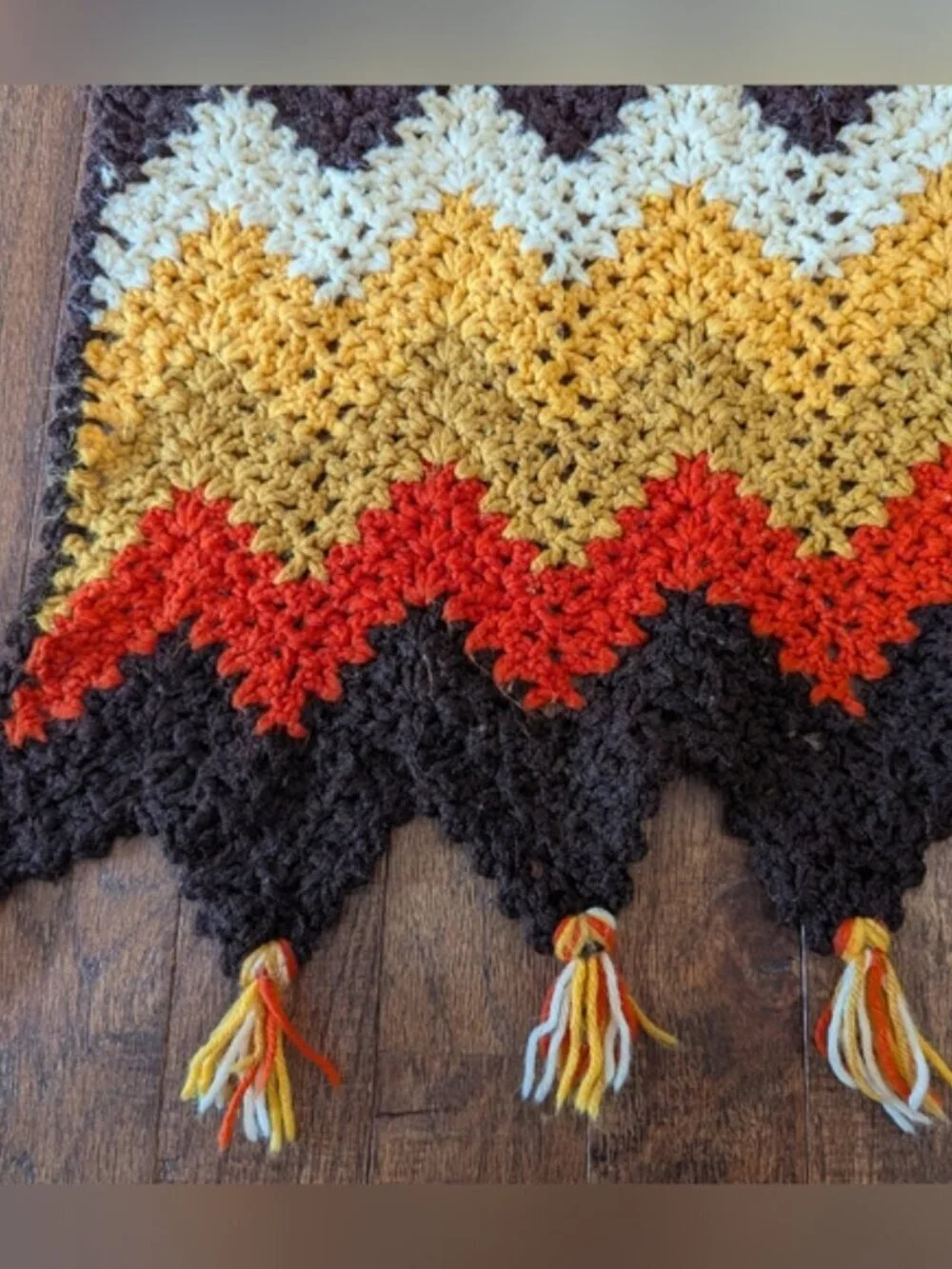 Vintage Chevron Afghan Crocheted Blanket Throw Zig Zag Earthy 70s Retro Groovy